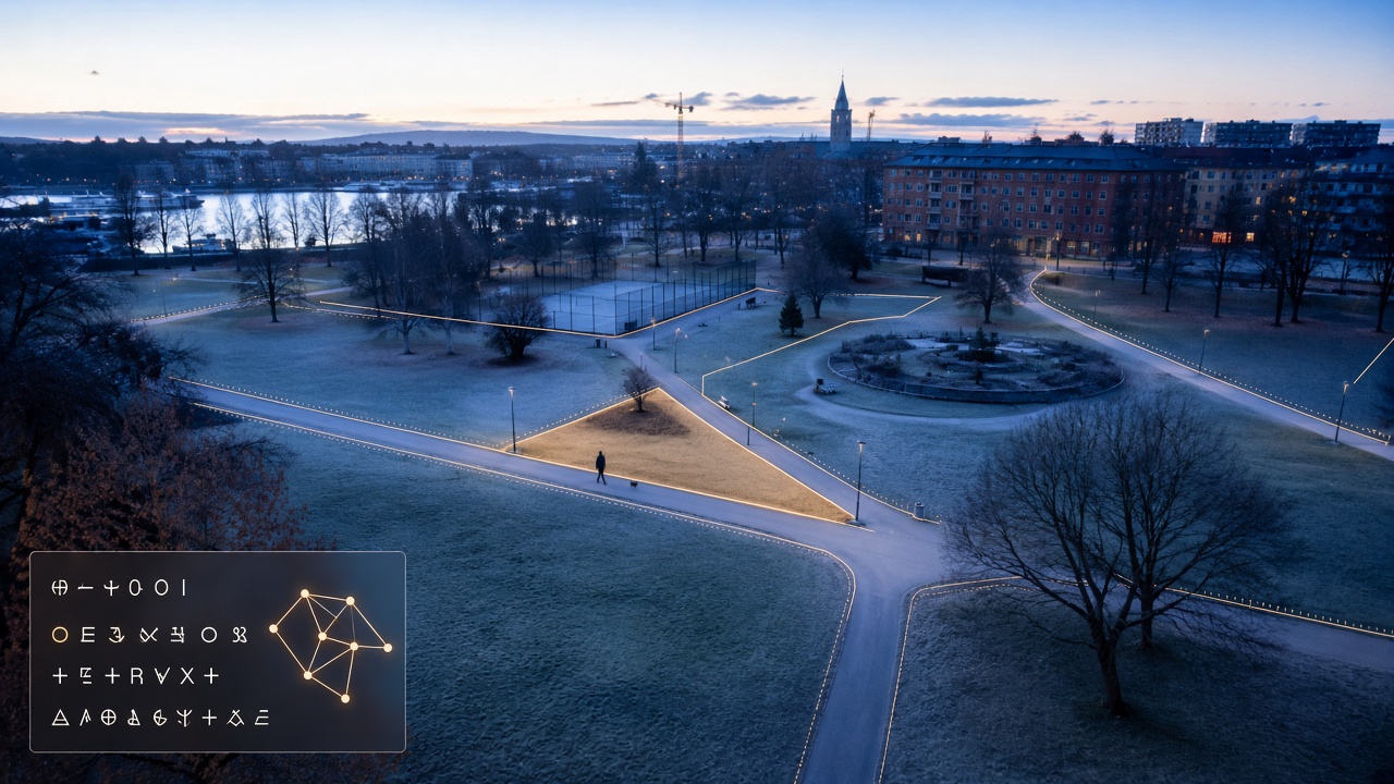 Kommunal park i Stockholm i blåtimmen, med polygoner, grafnoder och ett inferensanrop ritat över gräsmattan