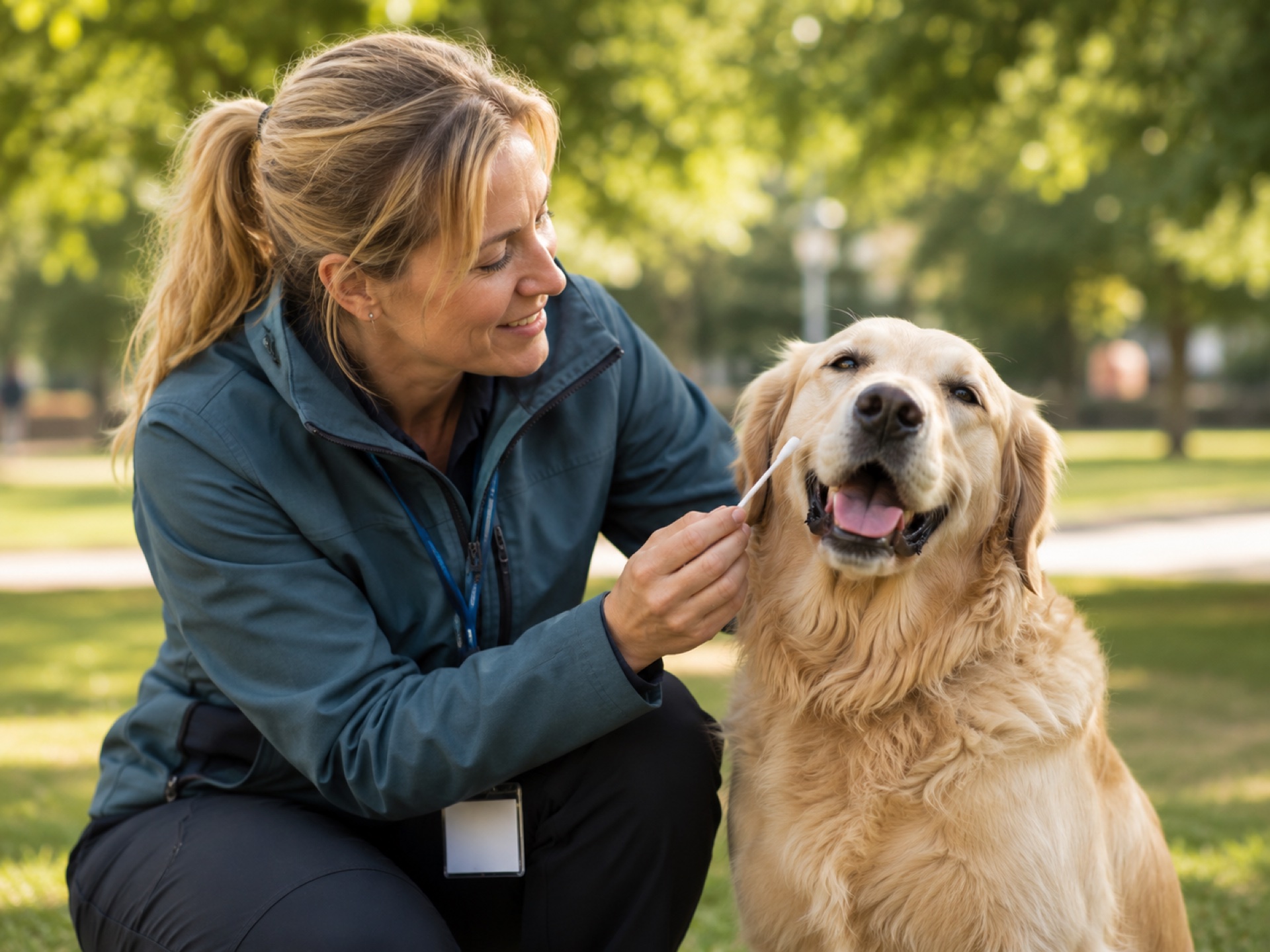 Certifierad saneringstekniker tar DNA-prov på hund under fältrond